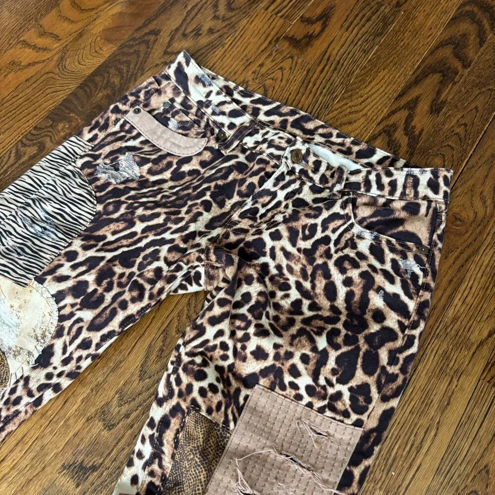 Ralph Lauren Denim & Supply Leopard Patchwork Skinny Jeans Low Rise Size 27